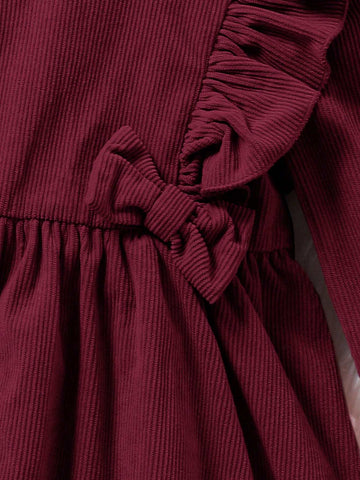 Young Girl Fall/Winter Clothes Young Girl Woven Solid Color Round Neck Ruffled Hem Casual Dress