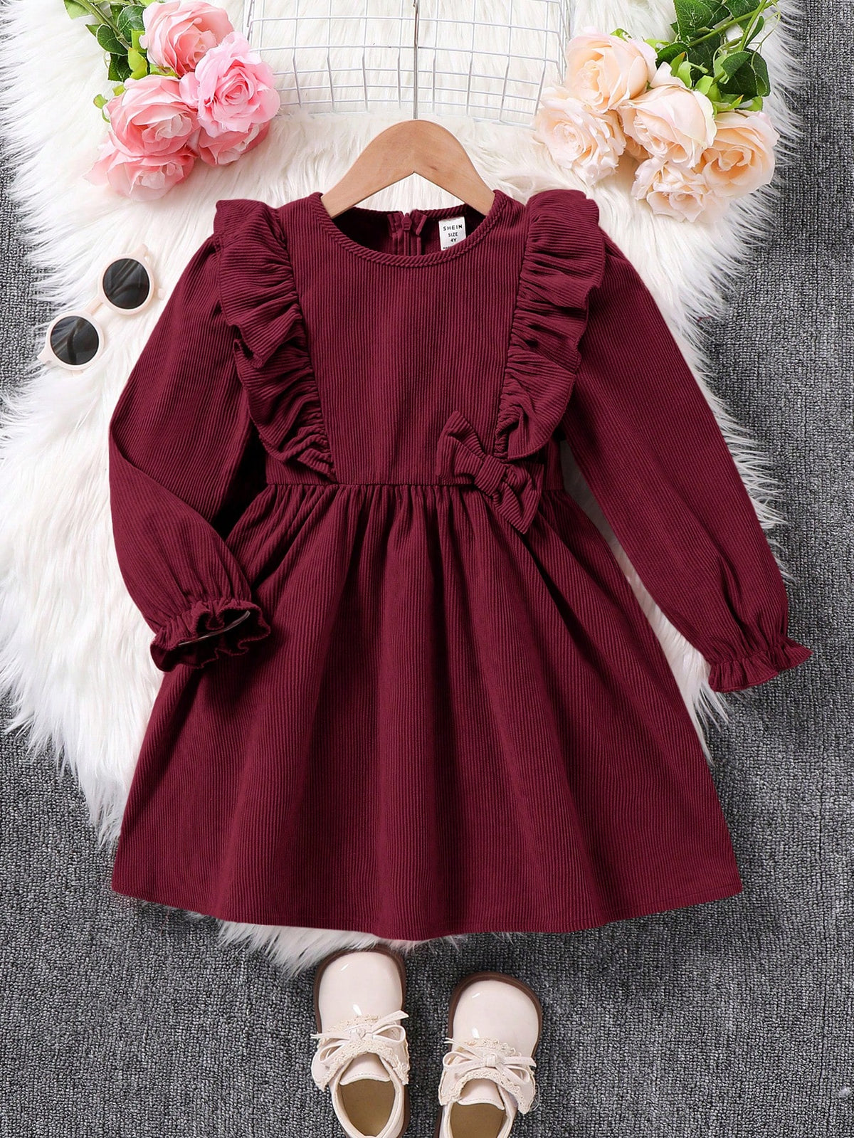 Young Girl Fall/Winter Clothes Young Girl Woven Solid Color Round Neck Ruffled Hem Casual Dress