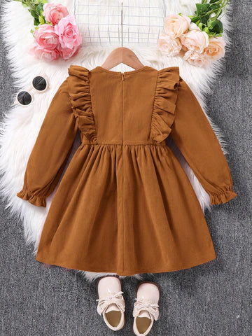 Young Girl Fall/Winter Clothes Young Girl Woven Solid Color Round Neck Ruffled Hem Casual Dress