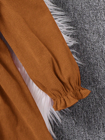 Young Girl Fall/Winter Clothes Young Girl Woven Solid Color Round Neck Ruffled Hem Casual Dress