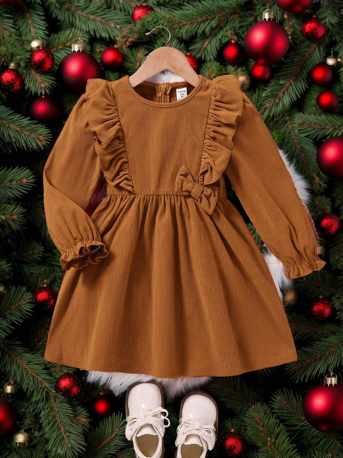 Young Girl Fall/Winter Clothes Young Girl Woven Solid Color Round Neck Ruffled Hem Casual Dress