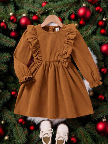 Young Girl Fall/Winter Clothes Young Girl Woven Solid Color Round Neck Ruffled Hem Casual Dress