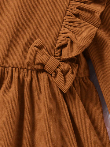 Young Girl Fall/Winter Clothes Young Girl Woven Solid Color Round Neck Ruffled Hem Casual Dress