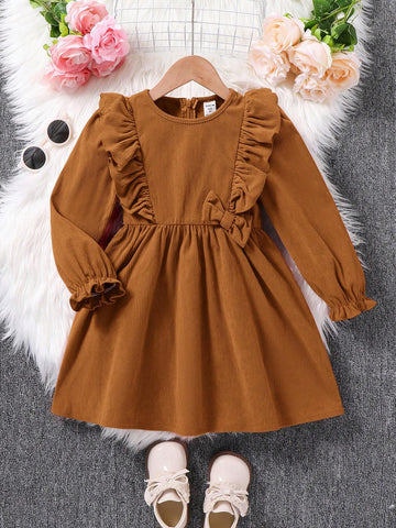Young Girl Fall/Winter Clothes Young Girl Woven Solid Color Round Neck Ruffled Hem Casual Dress