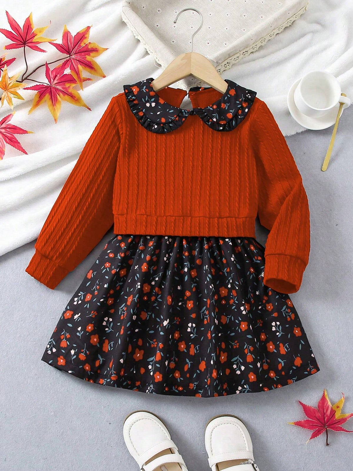 Young Girl Fall Vintage Contrast Ditsy Floral Party Dress