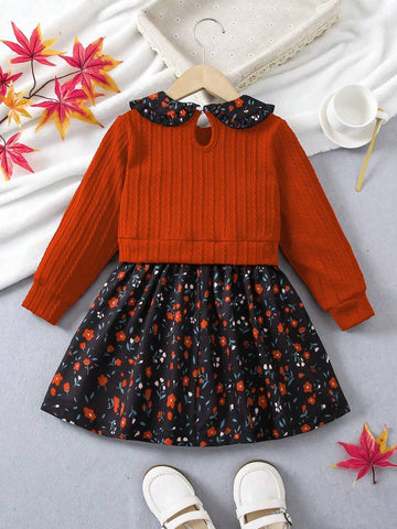 Young Girl Fall Vintage Contrast Ditsy Floral Party Dress