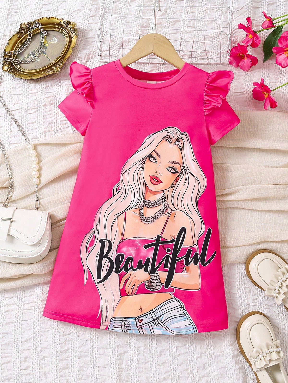 Young Girl Fashion Casual Sweet & Cute Print Round Neck Short Sleeve Dress