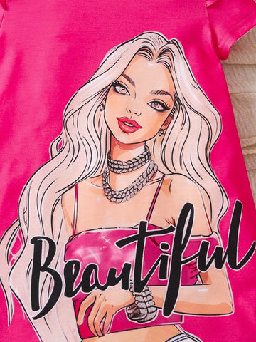 Young Girl Fashion Casual Sweet & Cute Print Round Neck Short Sleeve Dress