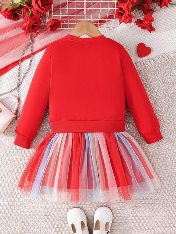 Young Girl Fashion Casual Unicorn Print Mesh Patchwork Long Sleeve Dress For Autumn