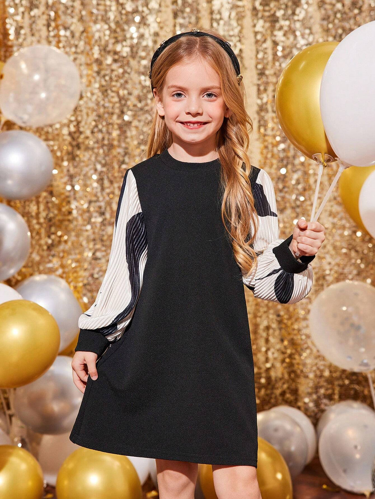 Young Girl Fashionable Black Skirt Splice Color Long Sleeve Dress, Suitable For Everyday Wear , Casual, Vacation