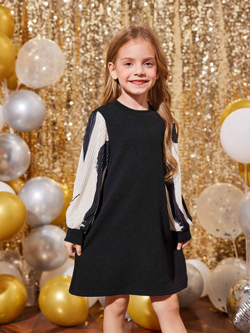 Young Girl Fashionable Black Skirt Splice Color Long Sleeve Dress, Suitable For Everyday Wear , Casual, Vacation