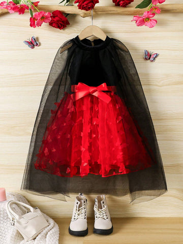 Young Girl Fashionable Casual Basic Sweet Elegant Velvet 3D Embroidery Bat Wings Cloak Design Fabric Dress
