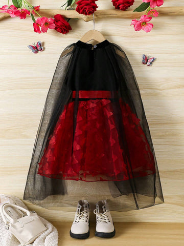 Young Girl Fashionable Casual Basic Sweet Elegant Velvet 3D Embroidery Bat Wings Cloak Design Fabric Dress