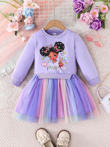 Young Girl Fashionable Casual Unicorn Print Mesh Patchwork Long Sleeve Dress, Autumn