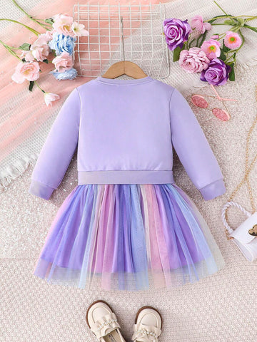 Young Girl Fashionable Casual Unicorn Print Mesh Patchwork Long Sleeve Dress, Autumn