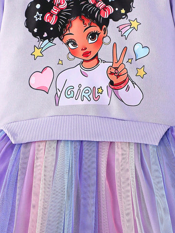 Young Girl Fashionable Casual Unicorn Print Mesh Patchwork Long Sleeve Dress, Autumn