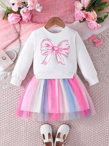 Young Girl Fashionable Casual Unicorn Print Mesh Splicing Long Sleeve Dress, Autumn