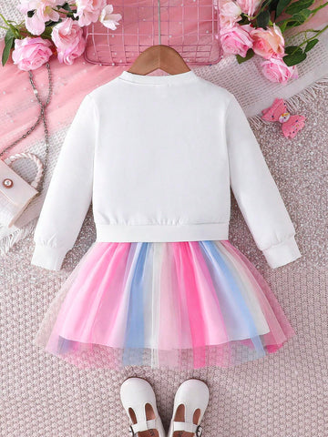 Young Girl Fashionable Casual Unicorn Print Mesh Splicing Long Sleeve Dress, Autumn