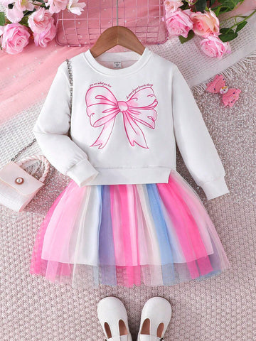 Young Girl Fashionable Casual Unicorn Print Mesh Splicing Long Sleeve Dress, Autumn