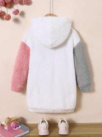 Young Girl Fashionable Color Contrast Hooded Loose Casual Long Sweatshirt