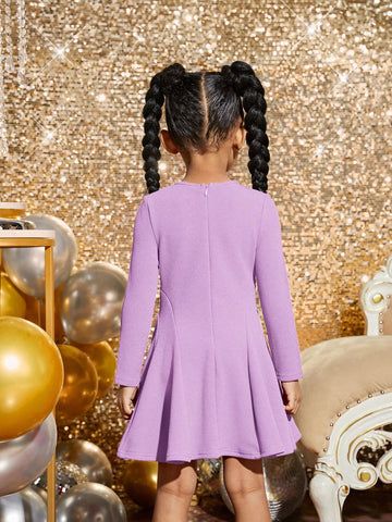 Young Girl Fashionable Elegant Solid Color Knitted Round Neck Long Sleeve Dress, Spring