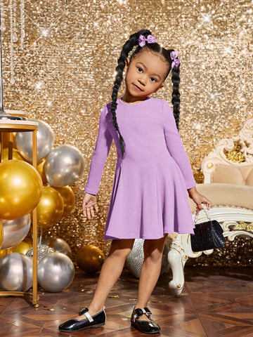 Young Girl Fashionable Elegant Solid Color Knitted Round Neck Long Sleeve Dress, Spring