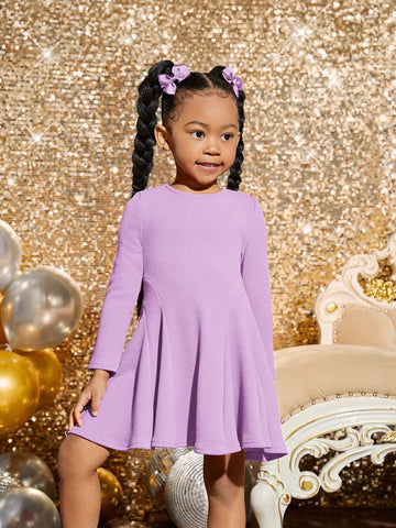 Young Girl Fashionable Elegant Solid Color Knitted Round Neck Long Sleeve Dress, Spring