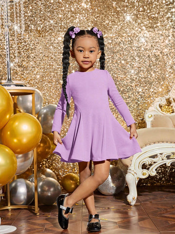 Young Girl Fashionable Elegant Solid Color Knitted Round Neck Long Sleeve Dress, Spring