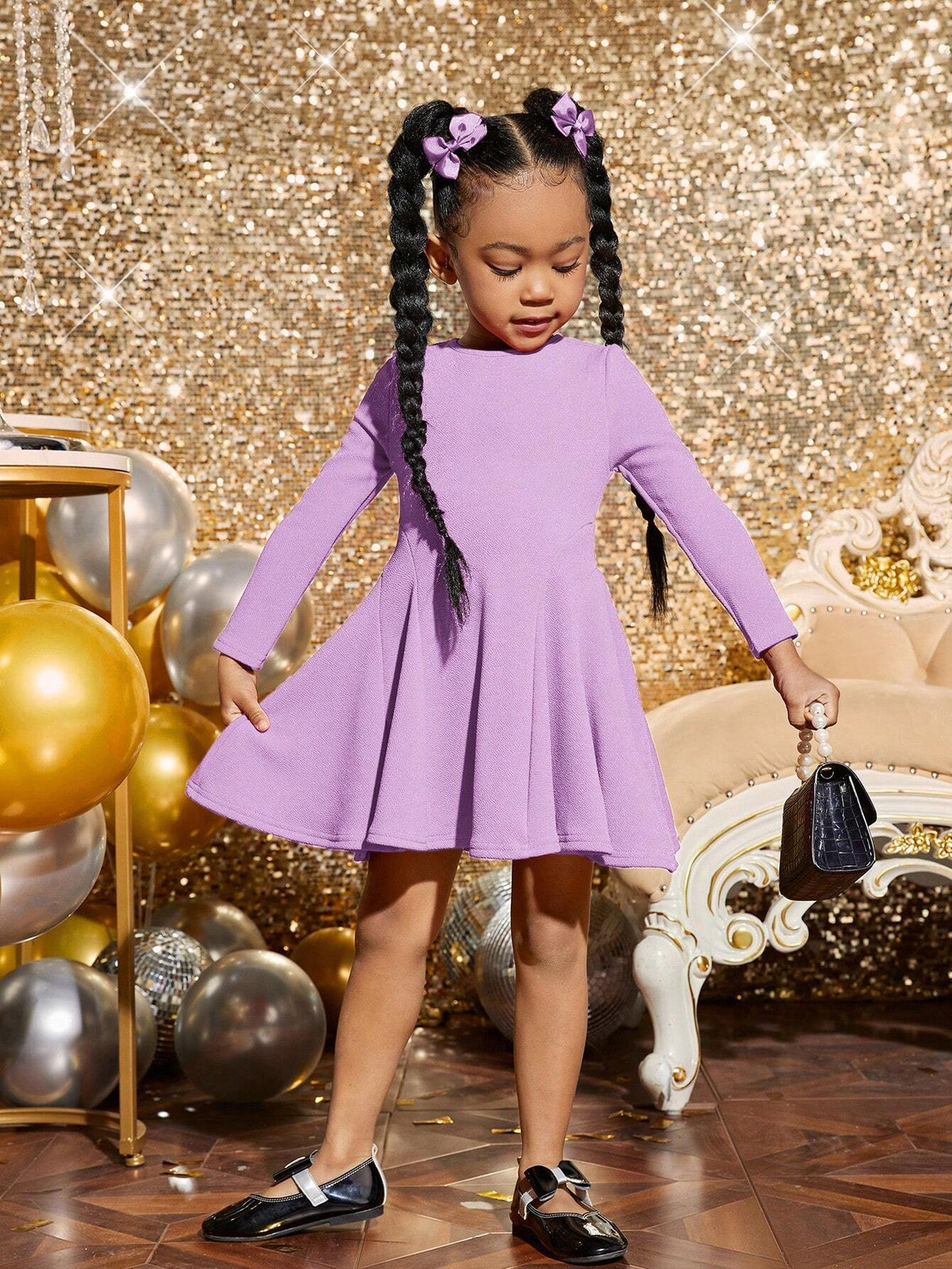 Young Girl Fashionable Elegant Solid Color Knitted Round Neck Long Sleeve Dress, Spring
