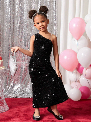 Young Girl Fashionable Party Dress, Sequin Embellished Asymmetrical Neck Long Tail Elegant Gown, For Holidays