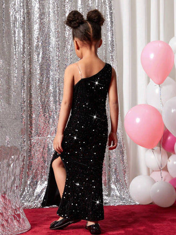 Young Girl Fashionable Party Dress, Sequin Embellished Asymmetrical Neck Long Tail Elegant Gown, For Holidays