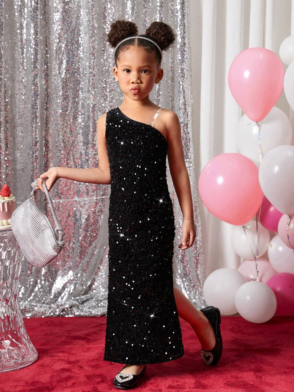 Young Girl Fashionable Party Dress, Sequin Embellished Asymmetrical Neck Long Tail Elegant Gown, For Holidays