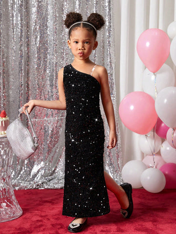 Young Girl Fashionable Party Dress, Sequin Embellished Asymmetrical Neck Long Tail Elegant Gown, For Holidays