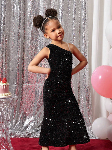 Young Girl Fashionable Party Dress, Sequin Embellished Asymmetrical Neck Long Tail Elegant Gown, For Holidays