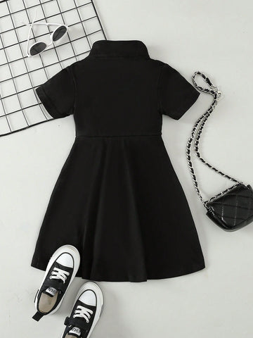 Young Girl Fashionable Pattern Printed Half-Zipper A-Line Dress For Spring And Summer