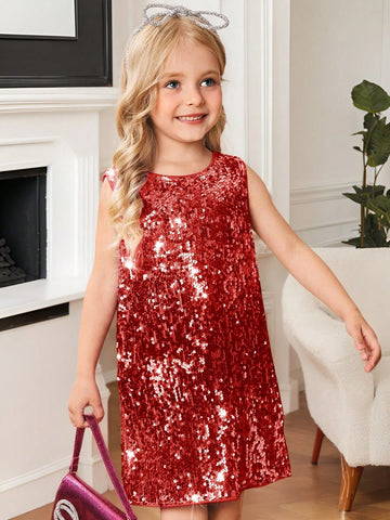 Young Girl Fashionable Sequin Decorated Round Neck Loose Casual Dress, Sleeveless