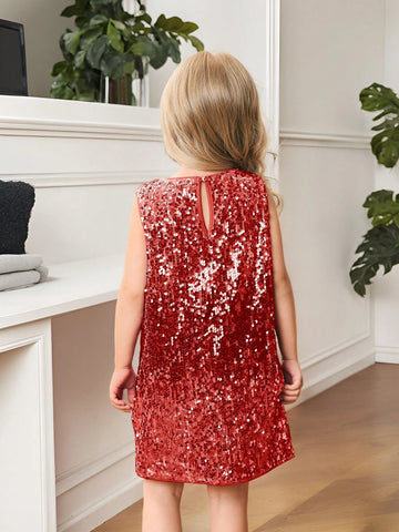 Young Girl Fashionable Sequin Decorated Round Neck Loose Casual Dress, Sleeveless