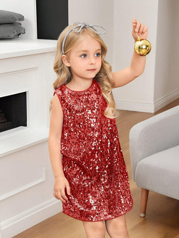 Young Girl Fashionable Sequin Decorated Round Neck Loose Casual Dress, Sleeveless