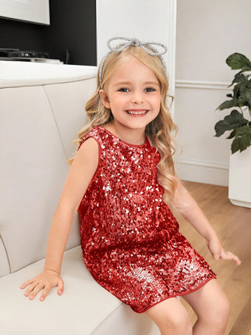 Young Girl Fashionable Sequin Decorated Round Neck Loose Casual Dress, Sleeveless