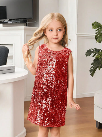 Young Girl Fashionable Sequin Decorated Round Neck Loose Casual Dress, Sleeveless