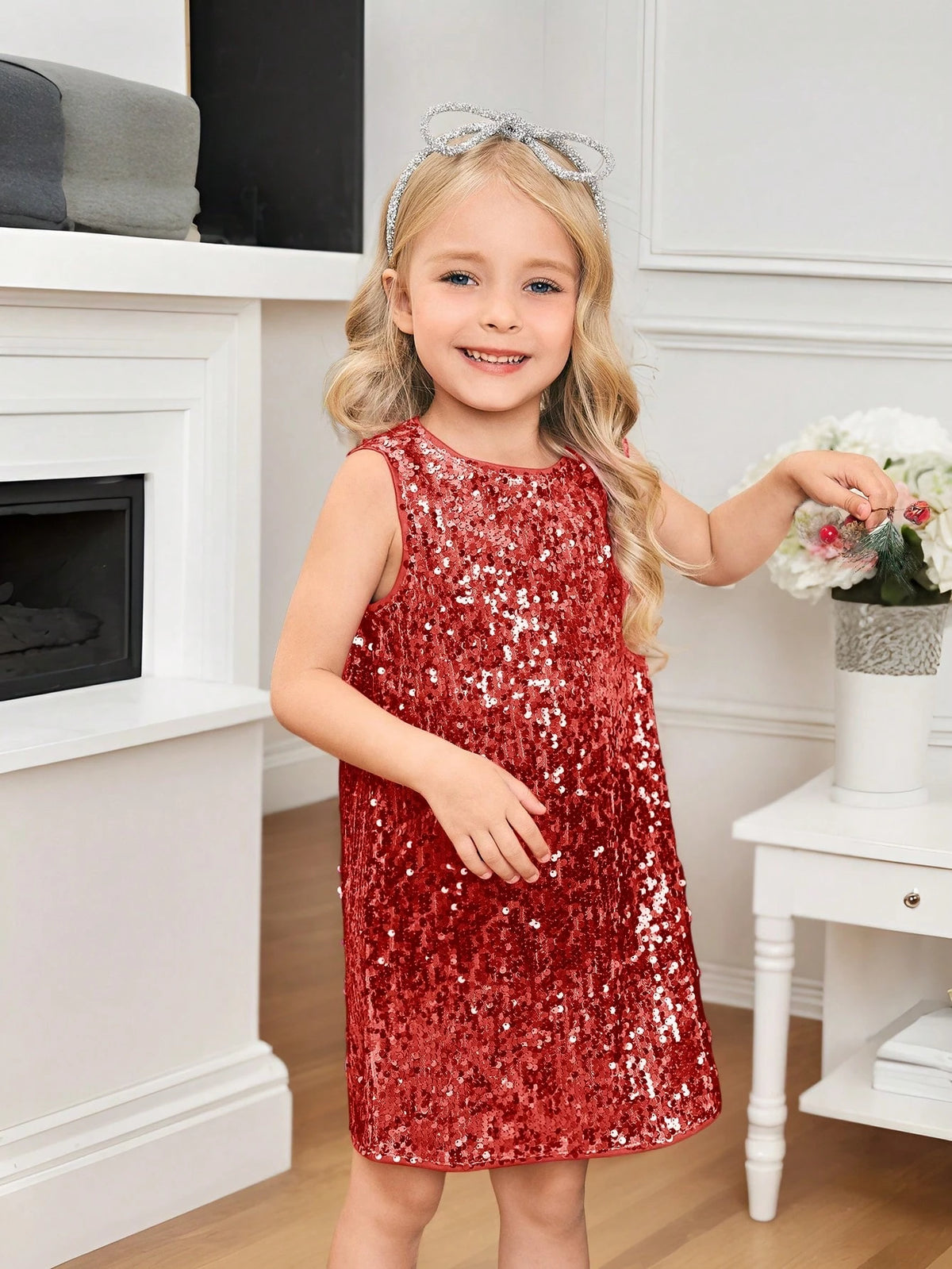 Young Girl Fashionable Sequin Decorated Round Neck Loose Casual Dress, Sleeveless