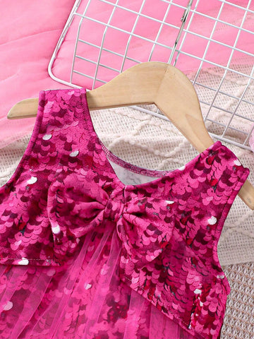 Young Girl Faux Pearl Decor Printed Mesh Patchwork Dress