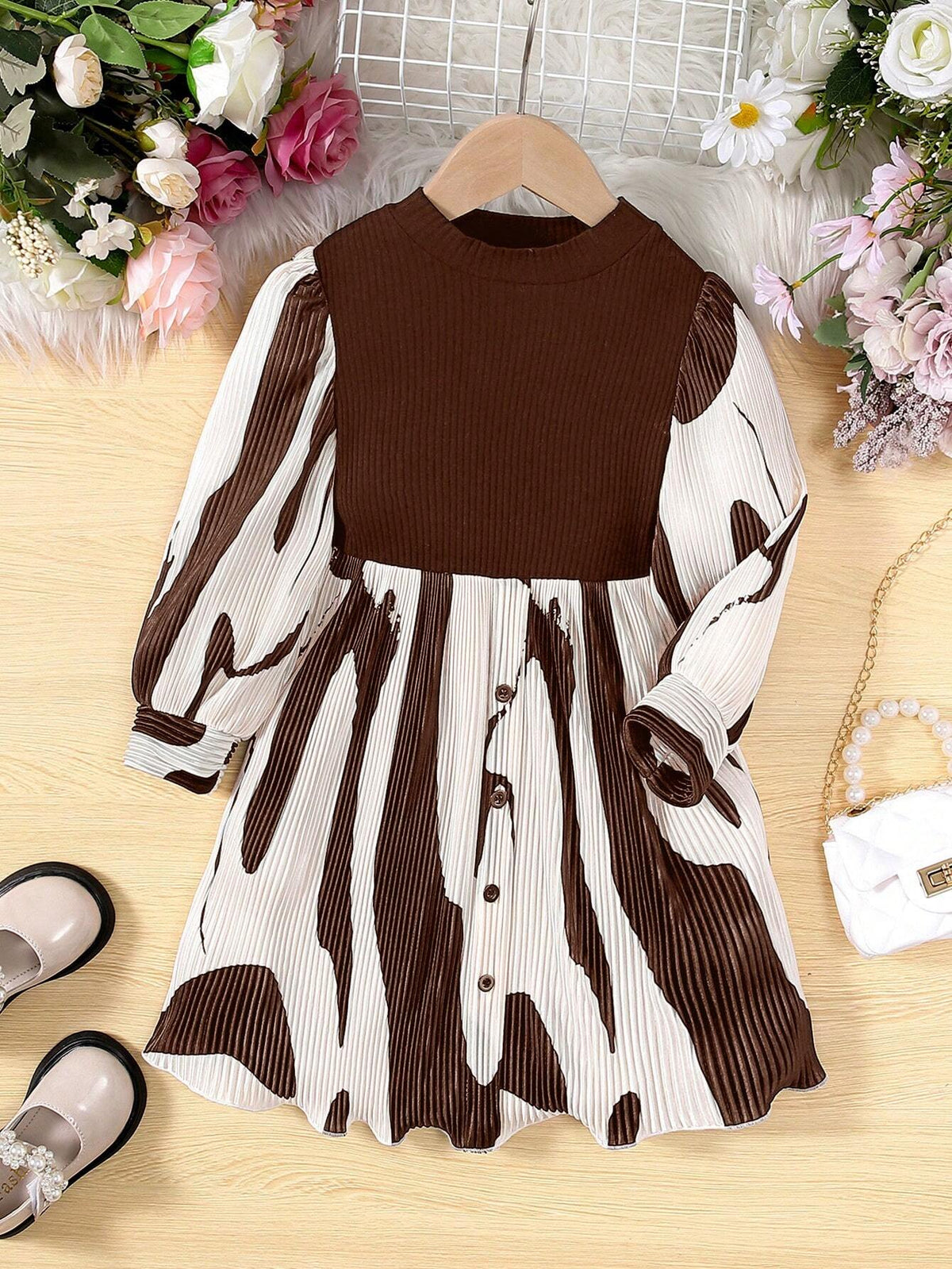 Young Girl Figure-Flattering Elegant Geometric Pattern Color Block Long Sleeve Knee-Length Dress