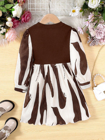 Young Girl Figure-Flattering Elegant Geometric Pattern Color Block Long Sleeve Knee-Length Dress