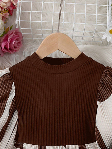 Young Girl Figure-Flattering Elegant Geometric Pattern Color Block Long Sleeve Knee-Length Dress