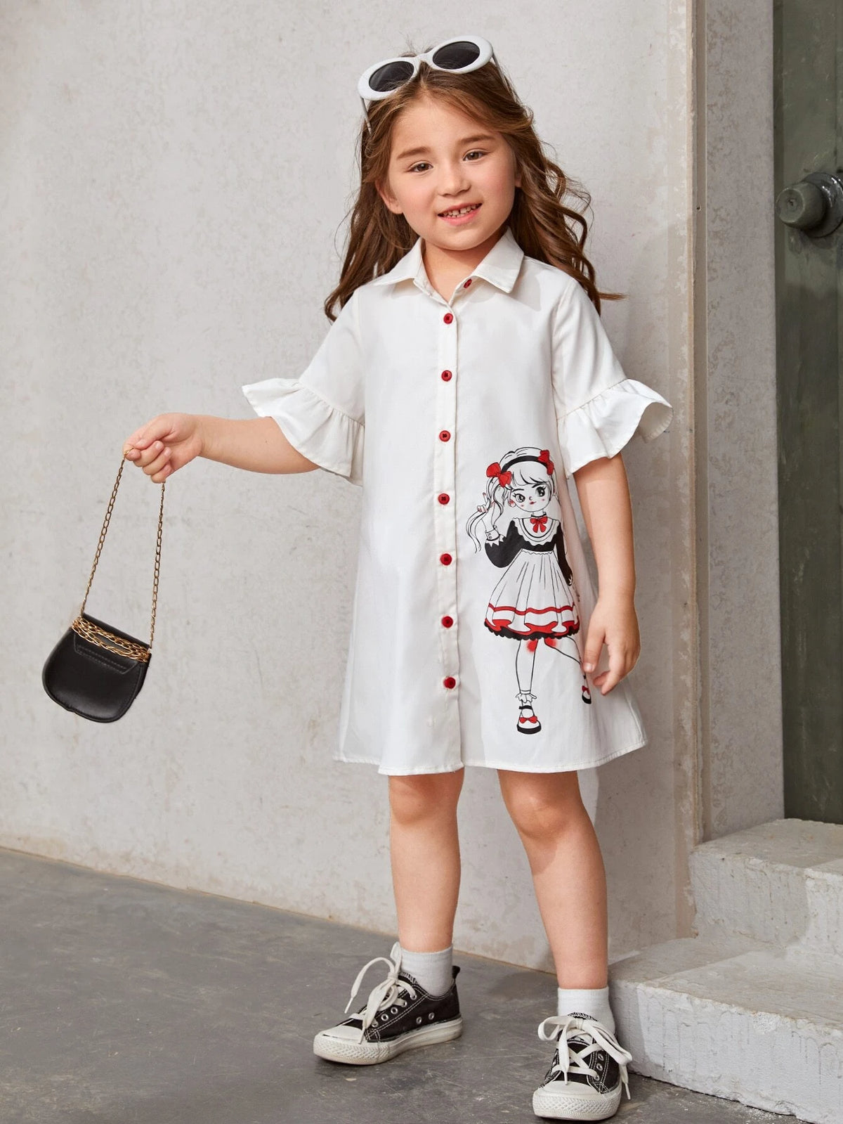 Young Girl Figure Graphic Flounce Sleeve Shirt Dress