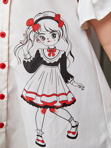 Young Girl Figure Graphic Flounce Sleeve Shirt Dress