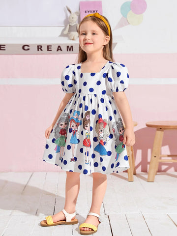 Young Girl Figure & Polka Dot Print Puff Sleeve Dress