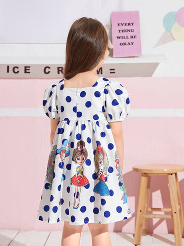 Young Girl Figure & Polka Dot Print Puff Sleeve Dress