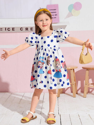 Young Girl Figure & Polka Dot Print Puff Sleeve Dress
